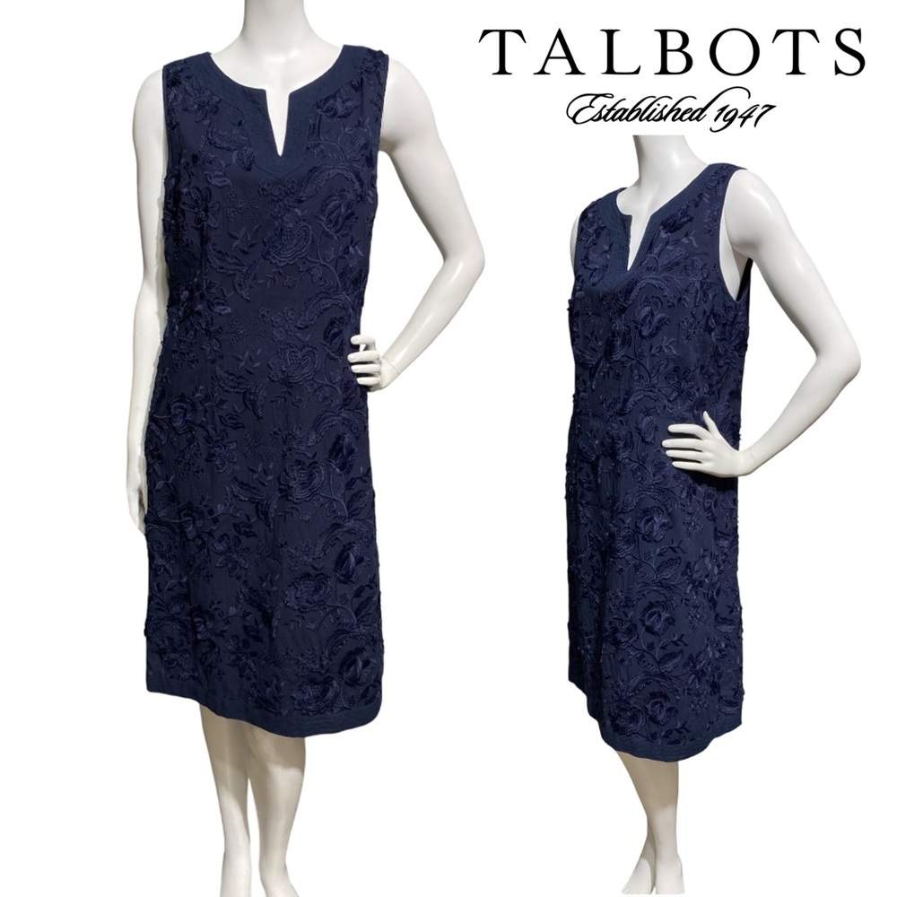 TALBOTS EMBROIDERED CLIPPED-FLORAL Navy Blue Sleeveless Lined Shift Dress Size 8